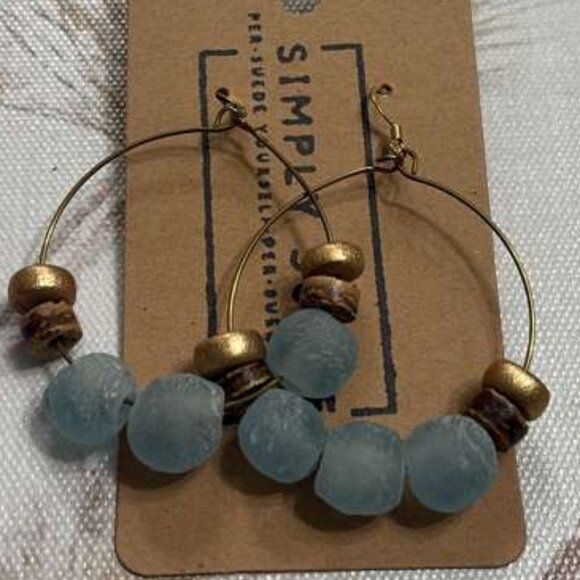 Blue Frosted Sea Glass Beaded Hoop Earrings Gold Accent Boho Coastal - Picture 2 of 3